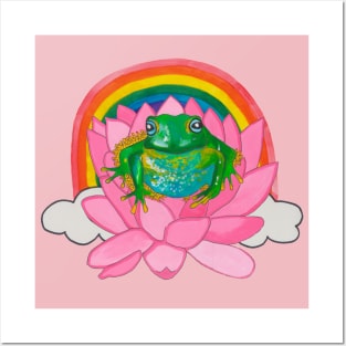 Frog with flower and rainbow Posters and Art